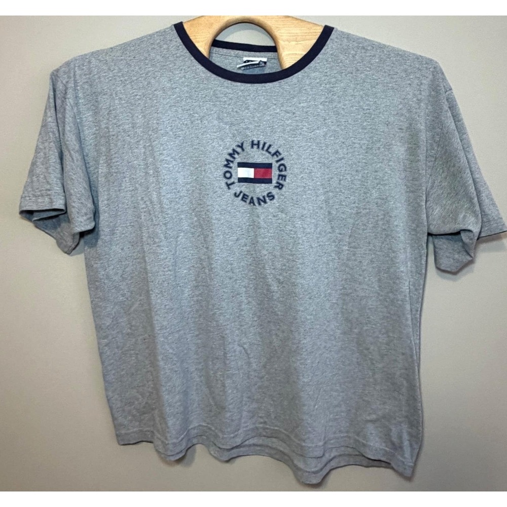 Tommy Hilfiger Jeans Circle Flag Ringer Tee XXL Gray Made in USA 90s Y2K Vintage